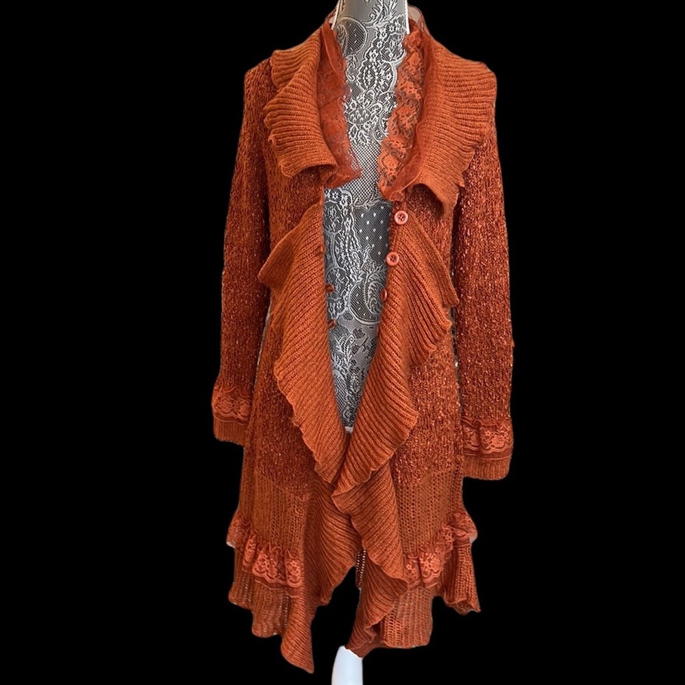 Jamie Gries burnt orange  boho sweater cardigan lace & ruffle trim size small - Picture 13 of 13